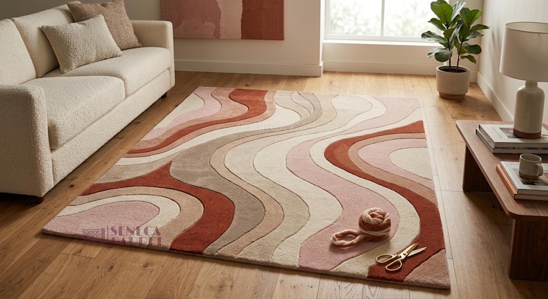 May include: A rectangular area rug featuring a wavy, multi-colored pattern in shades of terracotta, dusty rose, beige, and cream. The rug has a textured, carved appearance with flowing lines and includes the text SENECA CALDEL in the bottom corner.