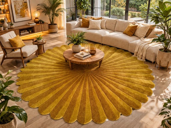Sunburst Round Rug, Mustard Round Rug, Scalloped Rug, Circle Rug, Handmade Tufted Rug, Living Room Carpet, Tufted Rug, Custom Size Rug