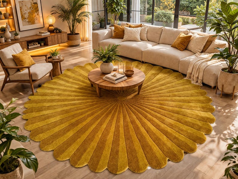 A living room featuring a large, round, yellow and gold rug with a scalloped edge. A sectional sofa with throw pillows, a wooden coffee table, and a chair are arranged on the rug. Potted plants and natural light complete the scene.