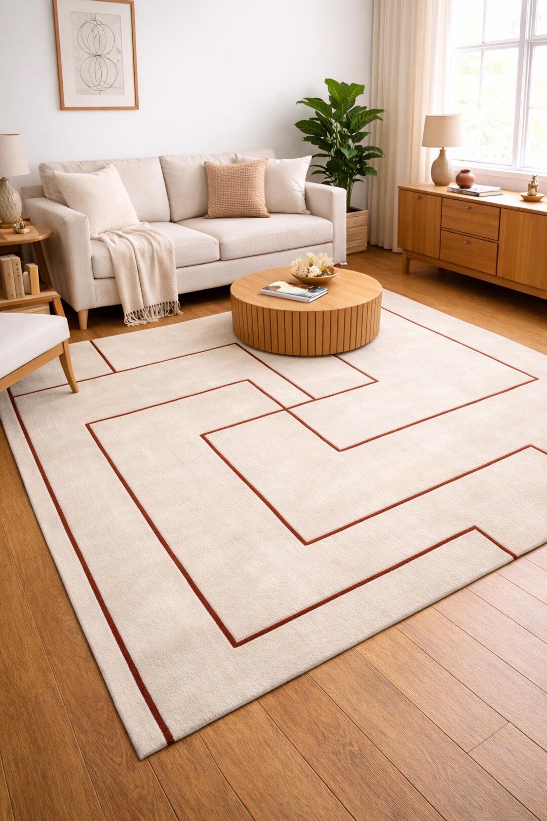 Tufted Beige Rug, Rust Geometric Lines, Tufted Modern Area Rug for ...
