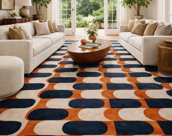 Hand Tufted Wool Rug, Navy Rust Ivory Area Rugs, Orange Wool Rug, Large rectangle Shape Rug, Handmade Rug, Modern Tufted Rug, Retro Rug