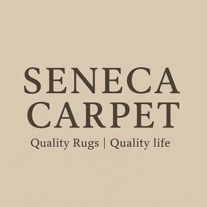 The text "SENECA CARPET Quality Rugs | Quality life" in dark brown on a light brown background.