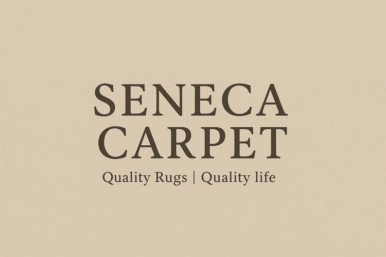 The text "SENECA CARPET Quality Rugs | Quality life" in dark brown on a light brown background.