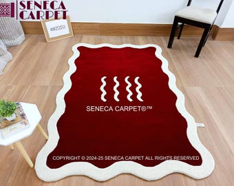 Dark Red And Cream Hand Tufted Wool Rug, Contemporary Abstract Wavy Border Design