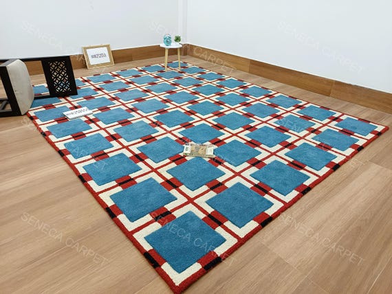 Hand Tufted Wool Area Rug | Contemporary Geometric Grid Design, Blue, Red, Ivory, premium quality Rugs