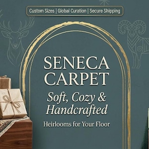 A promotional banner for Seneca Carpet featuring wrapped gifts and a stylized holiday tree graphic against a dark teal background.