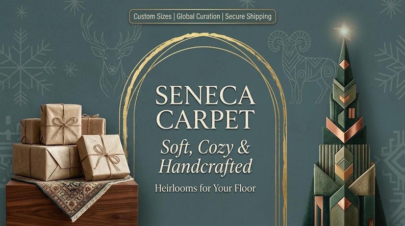 A promotional banner for Seneca Carpet featuring wrapped gifts and a stylized holiday tree graphic against a dark teal background.