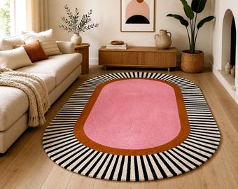 Hand Tufted Wool Rug, Oval Area Rugs, Pink Wool Rug, Large Oval Shape Rug, Handmade Rug, Terracotta Rug, Modern Tufted Rug, Retro Rug Bright