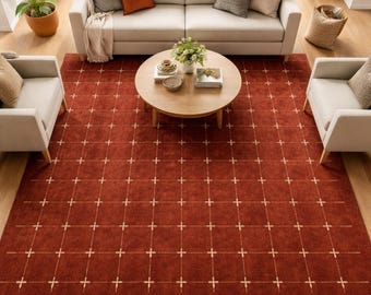 Rust Wool Area Rug, Hand Tufted Minimalist Cross Design, Modern Rug for Living Room, Bedroom Decor, Contemporary Carpet