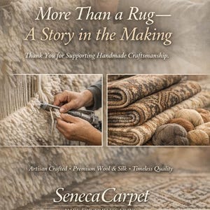 A graphic with text that reads: "More Than a Rug—A Story in the Making. Thank You for Supporting Handmade Craftsmanship." Below are three images: a person weaving a rug, a close-up of hands tying knots, and three folded rugs with balls of yarn. At