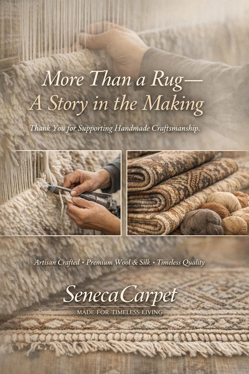 A graphic with text that reads: "More Than a Rug—A Story in the Making. Thank You for Supporting Handmade Craftsmanship." Below are three images: a person weaving a rug, a close-up of hands tying knots, and three folded rugs with balls of yarn. At