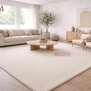 Ivory Area Rug, Textured Wool Design with Elegant Waves in Custom Sizes image 1