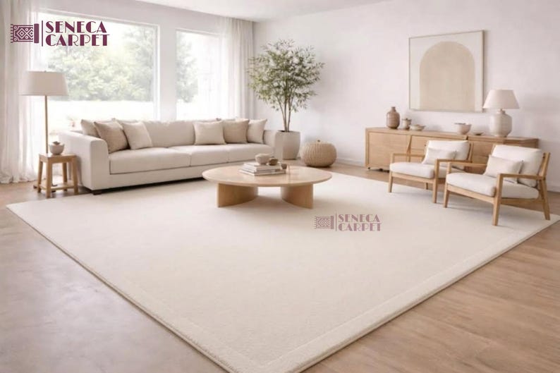 Ivory Area Rug, Textured Wool Design with Elegant Waves in Custom Sizes image 1