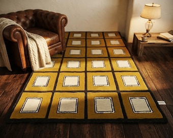 Mustard Wool Area Rug, Hand Tufted Geometric Grid Design Woolen Rug- Premium Quality Large Area Rug for Living Room