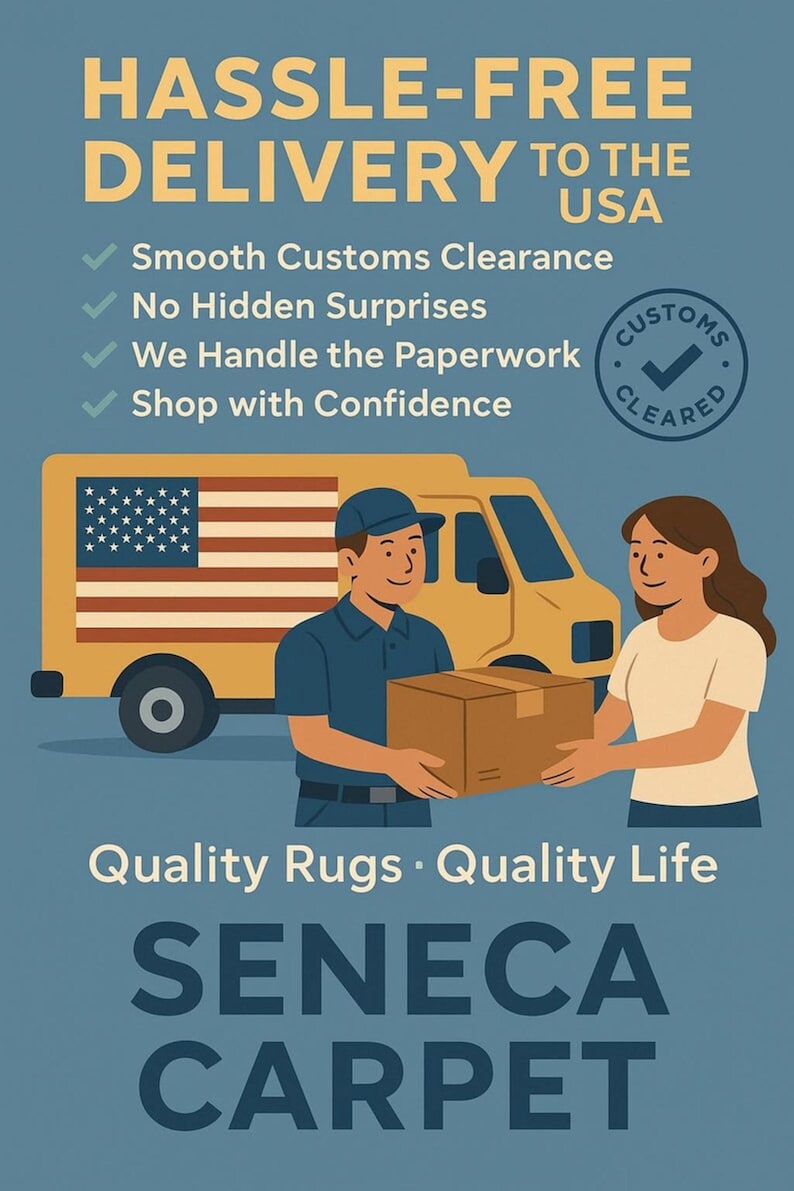 A graphic with text "HASSLE-FREE DELIVERY TO THE USA" and a delivery truck with an American flag on its side, a delivery person handing a package to a woman, and text "Quality Rugs · Quality Life SENECA CARPET".