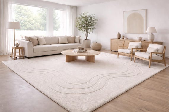 Ivory Area Rug, Textured Wool Design with Elegant Waves in Custom Sizes