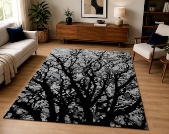 Black Abstract Tree Rug, Hand Tufted Wool and Silk Rug, Modern Abstract Rug, Designer Rug, Custom Wool Rug, Luxury Rugs, Handmade Office Rug