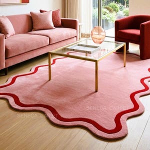 Hand Tufted Wool Rug | Pink with Red Wavy Border Carpet | Pink Scalloped Rug, Living Room Rug