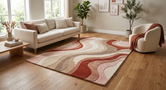Hand Tufted Abstract Wool Rug, Pink Terracotta Modern Area Rug