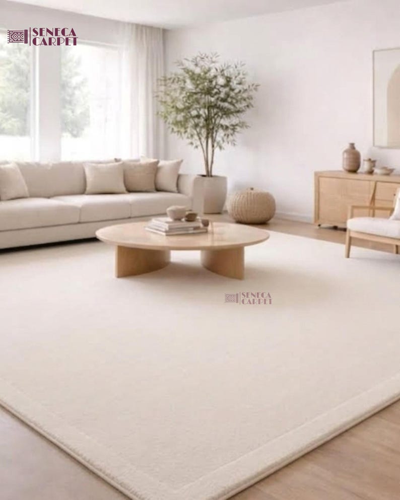 Ivory Area Rug, Textured Wool Design with Elegant Waves in Custom Sizes image 2