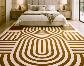 Modern Wool Rug with Geometric Oval Pattern, Cream and Terracotta Tufted Carpet