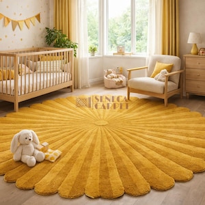 A mustard gold and yellow scalloped round rug with a sunburst pattern lies on a light wood floor in a nursery with a crib and armchair.