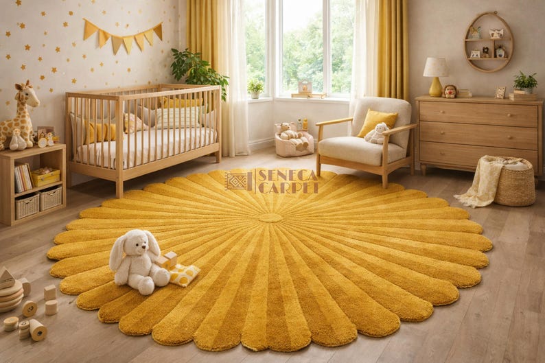 A mustard gold and yellow scalloped round rug with a sunburst pattern lies on a light wood floor in a nursery with a crib and armchair.