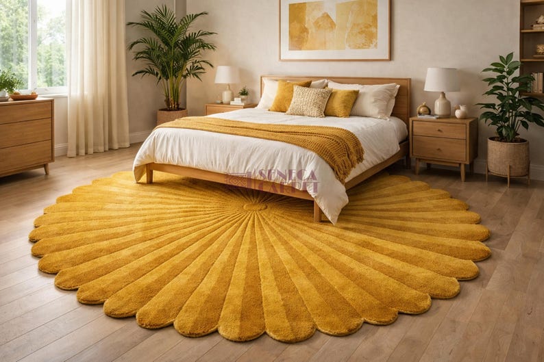 A mustard yellow scalloped round rug with a sunburst pattern lies on a light wood floor in a bedroom with a bed and nightstands.