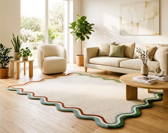 Modern Wool Area Rug, Hand Tufted Muted Pastel Wavy Border Design, Boho Rug for Living Room, Bedroom & Hallway, Contemporary Decor
