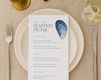 Mussel Shell Menu Template: Coastal Wedding Clambake, Editable PDF
