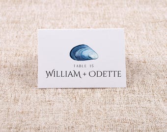 Coastal Wedding Place Cards: Mussel Shell Design (Editable PDF Downloadable Template