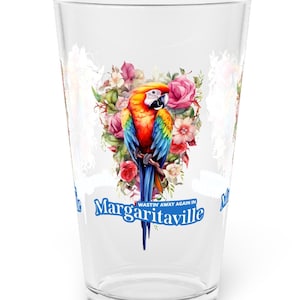 Jimmy Buffett Glass 16oz Pint - Colorful Macaw Parrot - Margaritaville, Custom Design, Legendary Iconic Singer, Parrot heads Glass Tribute