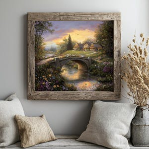 Rustikale Landschaft Wandkunst - Steinbrücke und Häuschen Druck - Cottagecore Natur Dekor - Wildblumen Landschaftsmalerei