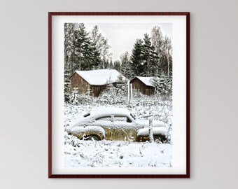 Foto de coche clásico en la nieve, estilo rústico de granja (Descarga digital)