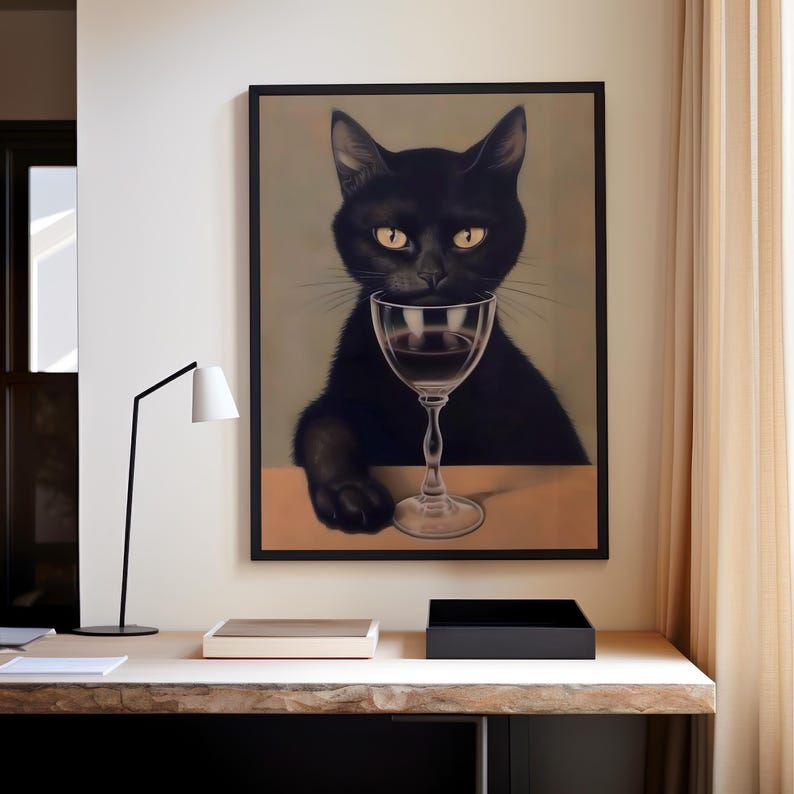 Black Cat Wine Art Print – Moody Academia Poster (digital Download) - Etsy