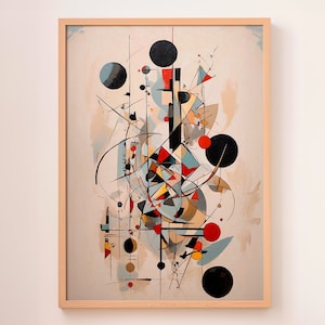 Puede incluir: Pintura abstracta en un marco de madera con fondo beige. La pintura presenta formas geométricas en negro, blanco, rojo, azul y amarillo.