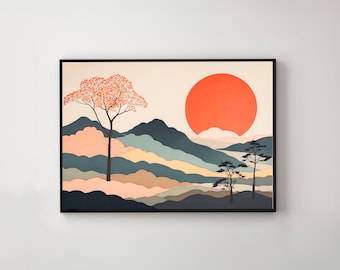 Impresión artística japonesa en madera de paisaje, decoración Japandi (descarga digital)