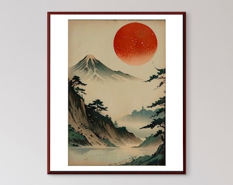 Grabado japonés en madera, arte vintage de paisaje de montaña (descarga digital)
