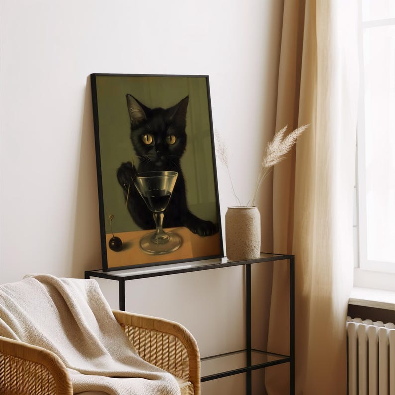 Black Cat Martini Art Print - Dark Academia Decor (digital Download) - Etsy