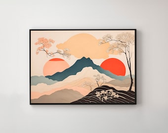 Estampado japonés de atardecer en la montaña, estilo xilografía vintage (descarga digital)
