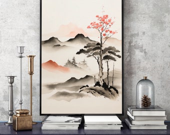 Japanese Landscape Wall Art, Sumi-e Inkwash Painting (digital