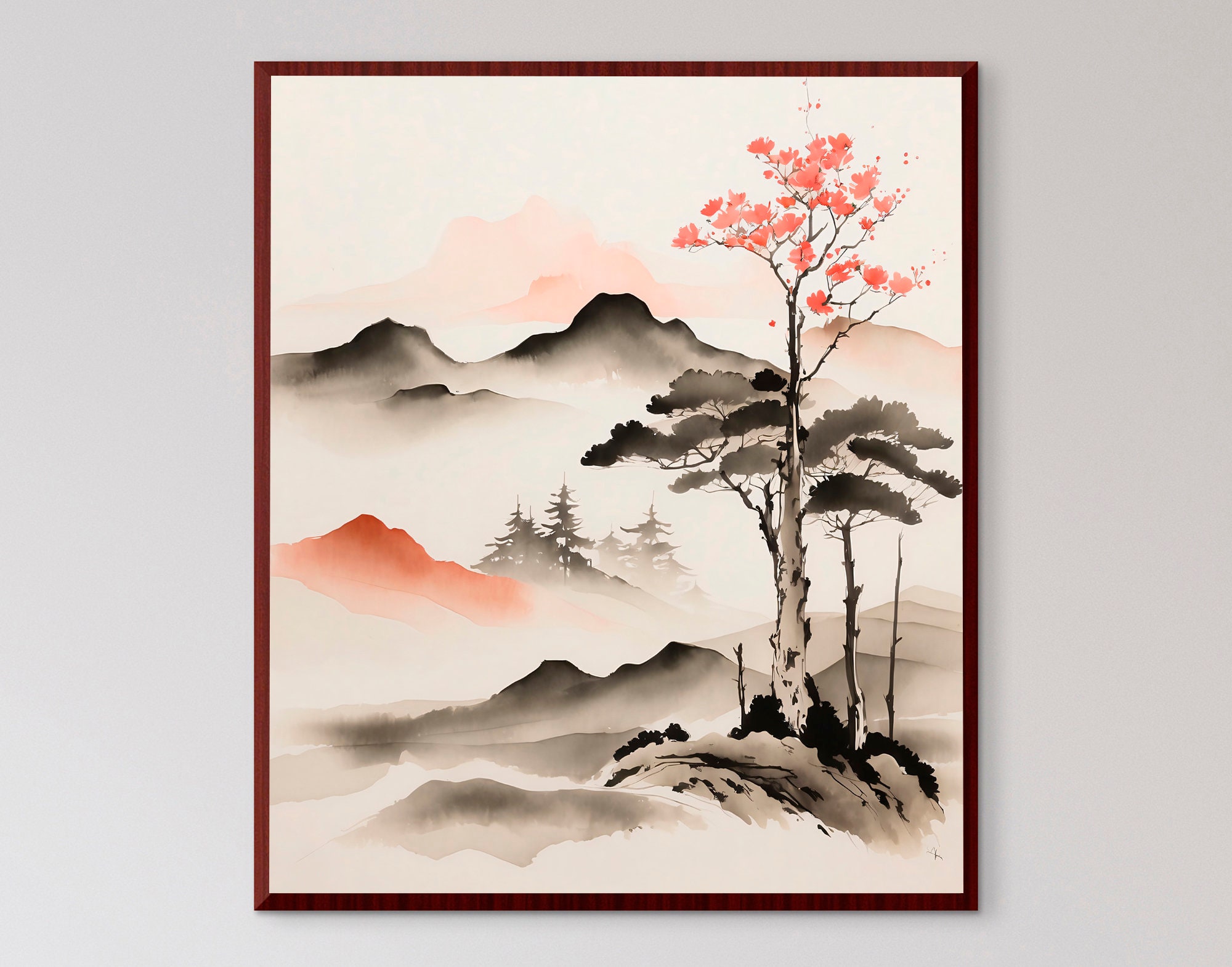 Japanese Landscape Wall Art, Sumi-e Inkwash Painting (digital