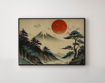 Vintage Japanese Woodblock Print, Mountain Landscape Art (Digital Download)
