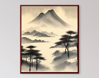 Japanese Ink Wash Mountain Print, Vintage Sumi-e Art (Digital Download)