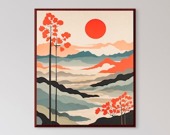 Grabado japonés en madera, Arte paisajístico Japandi (Descarga digital)