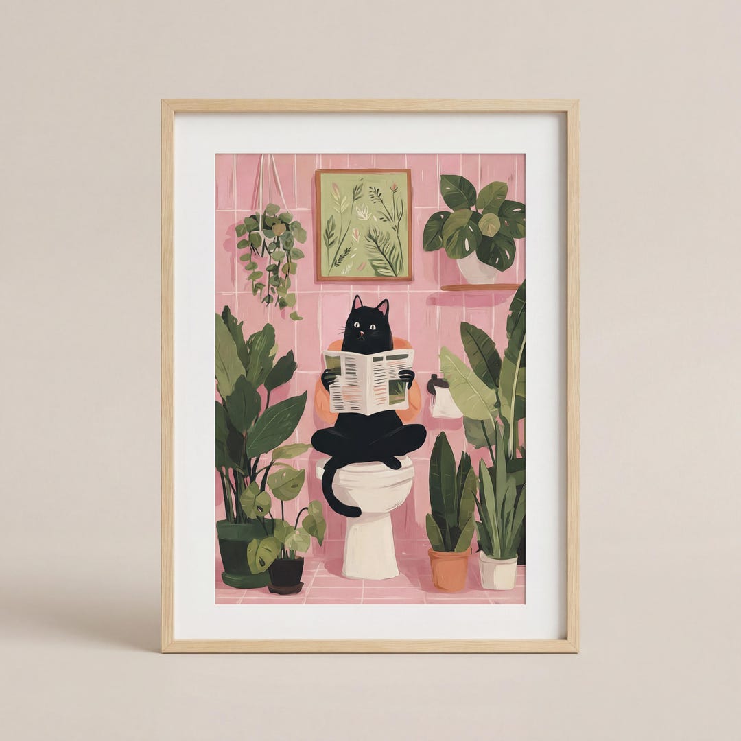 Black Cat Reading Newspaper Toilet Art Print, Retro Bathroom Wall Decor ...