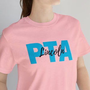 Custom PTA T-Shirt. Blue Mom or Dad PTO Customized Shirt. Parent Teacher Organization Association. Your School Here. School Spirit