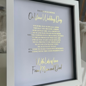 À notre fille de maman et papa le jour de votre mariage impression encadrée de poème, cadeau de mariée des parents, souvenir de mariage personnalisé