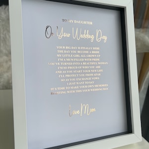 À ma fille de maman le jour de votre mariage, poème encadré, cadeau de la mère à la mariée, souvenir de mariage personnalisé