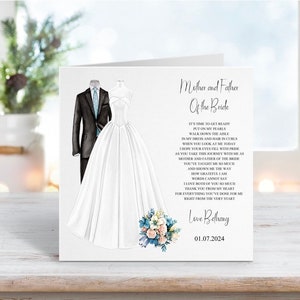 Mère et père de la mariée de la carte de mariage de la mariée, carte souvenir de mariage, à ma mère et à mon père sur ma carte de jour de mariage